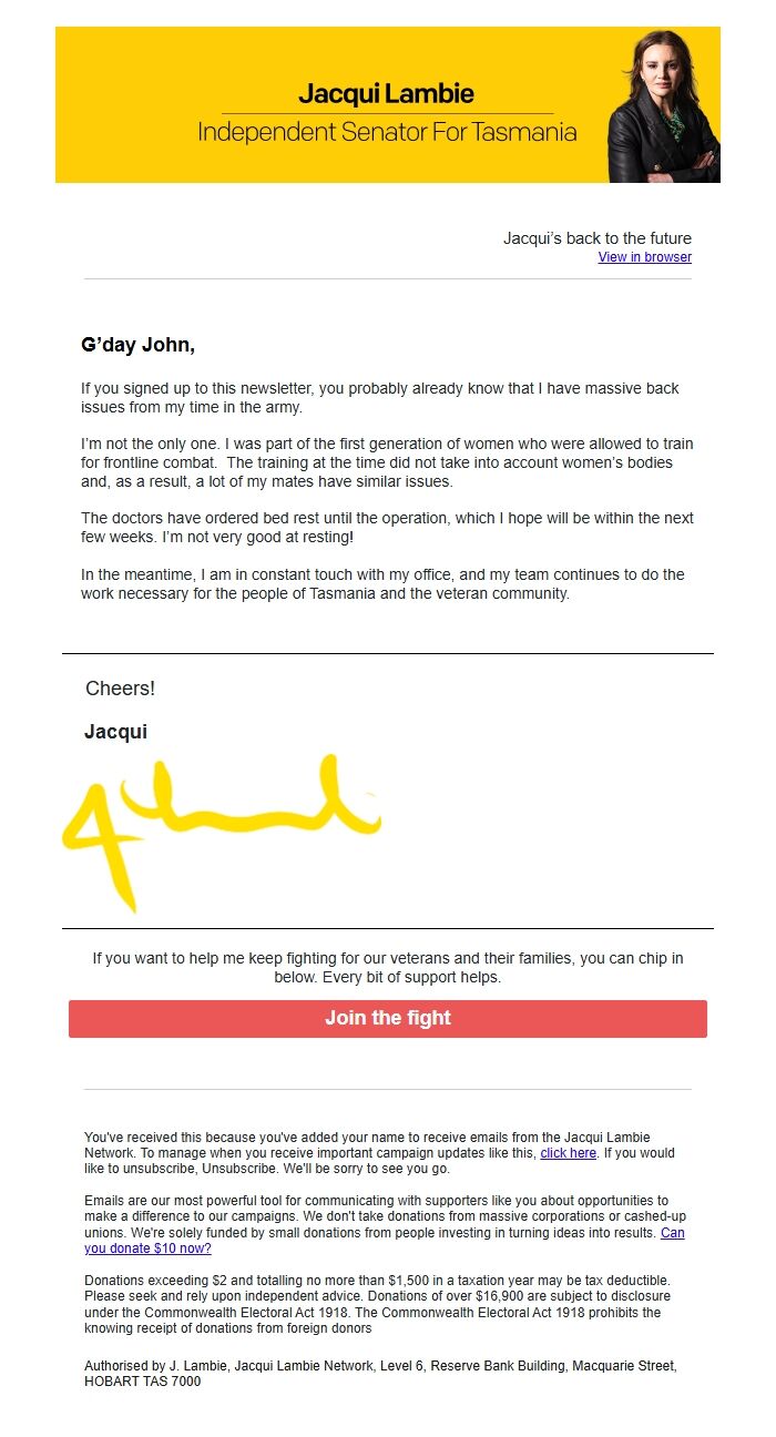 Screenshot of the email generated on import