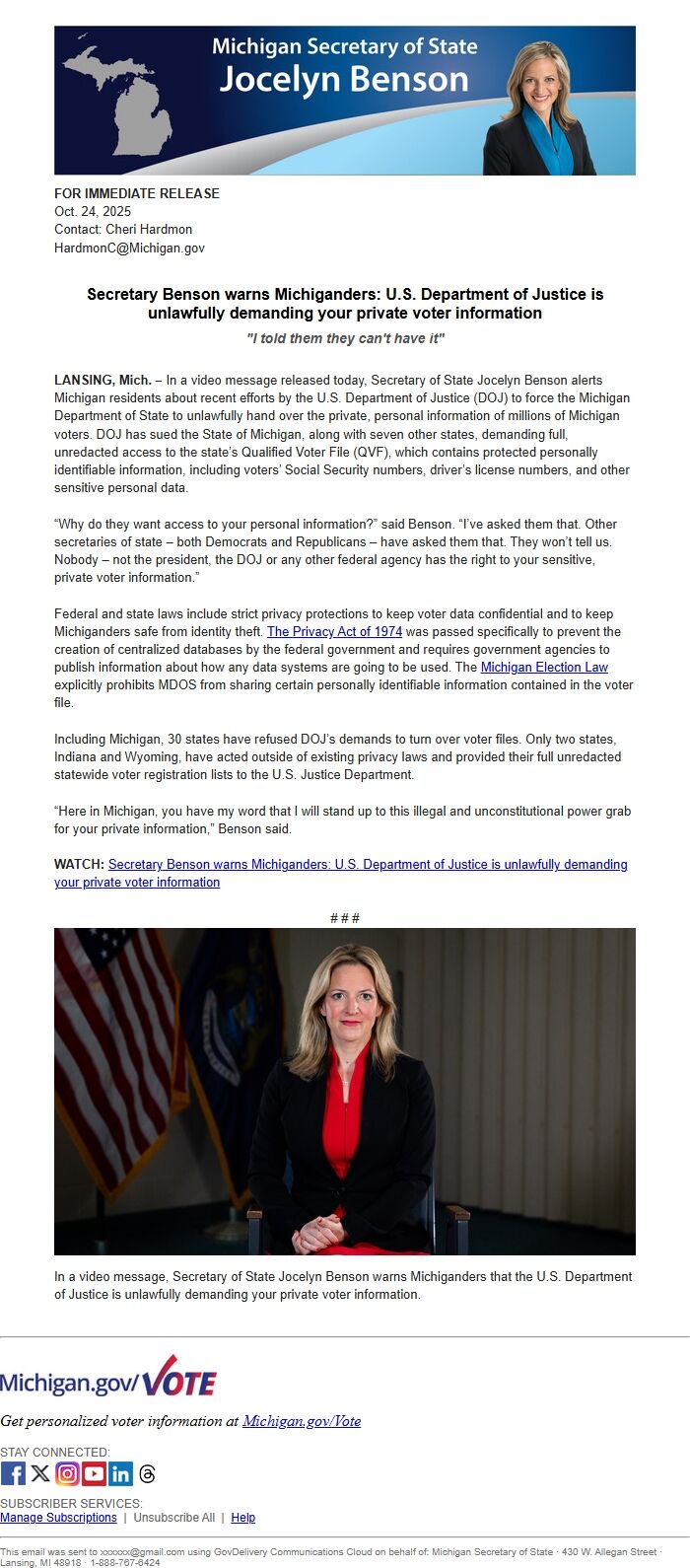 Screenshot of the email generated on import