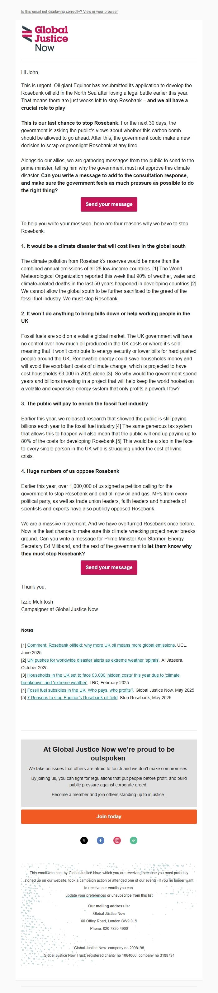 Screenshot of the email generated on import