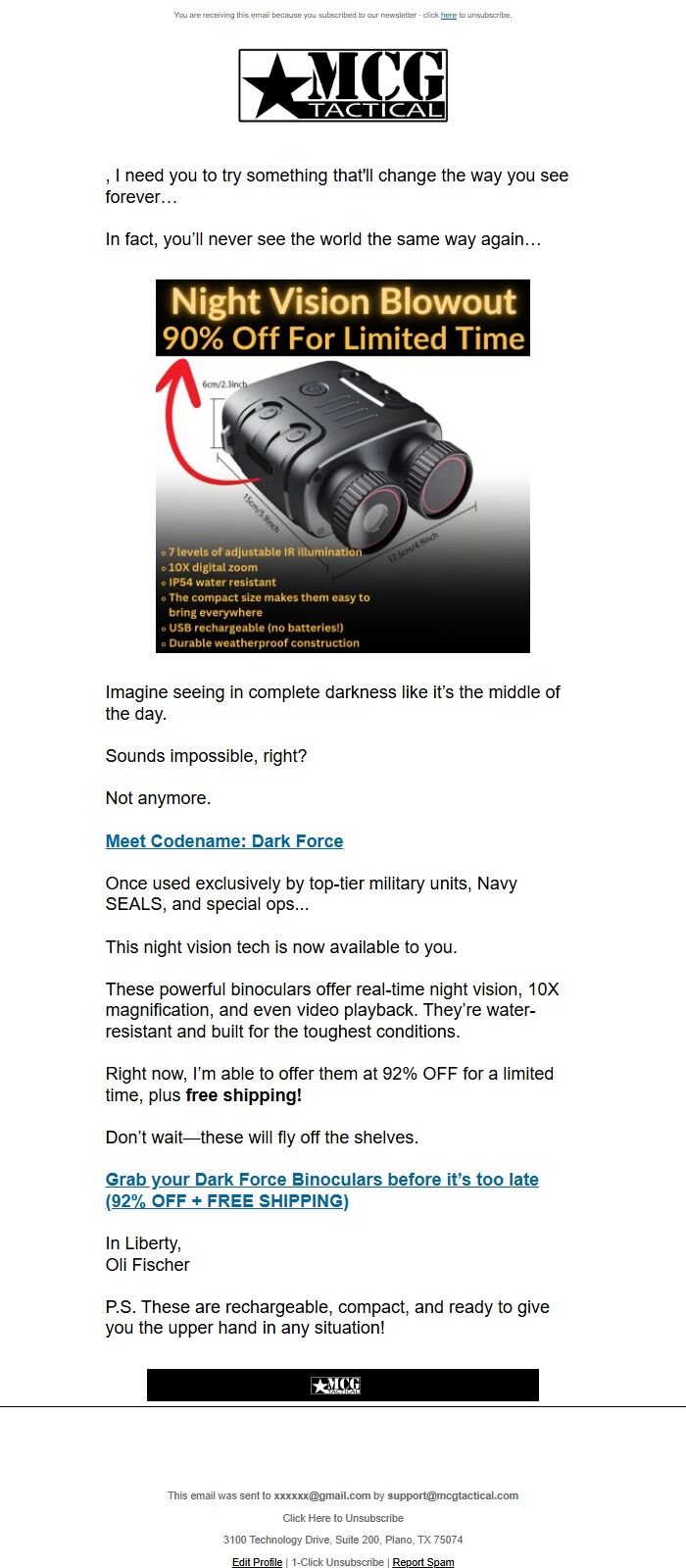 Screenshot of the email generated on import