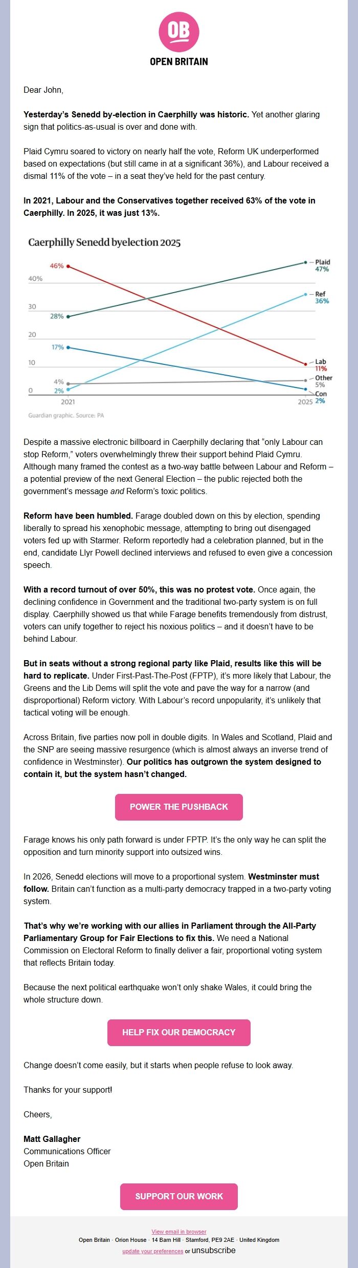 Screenshot of the email generated on import