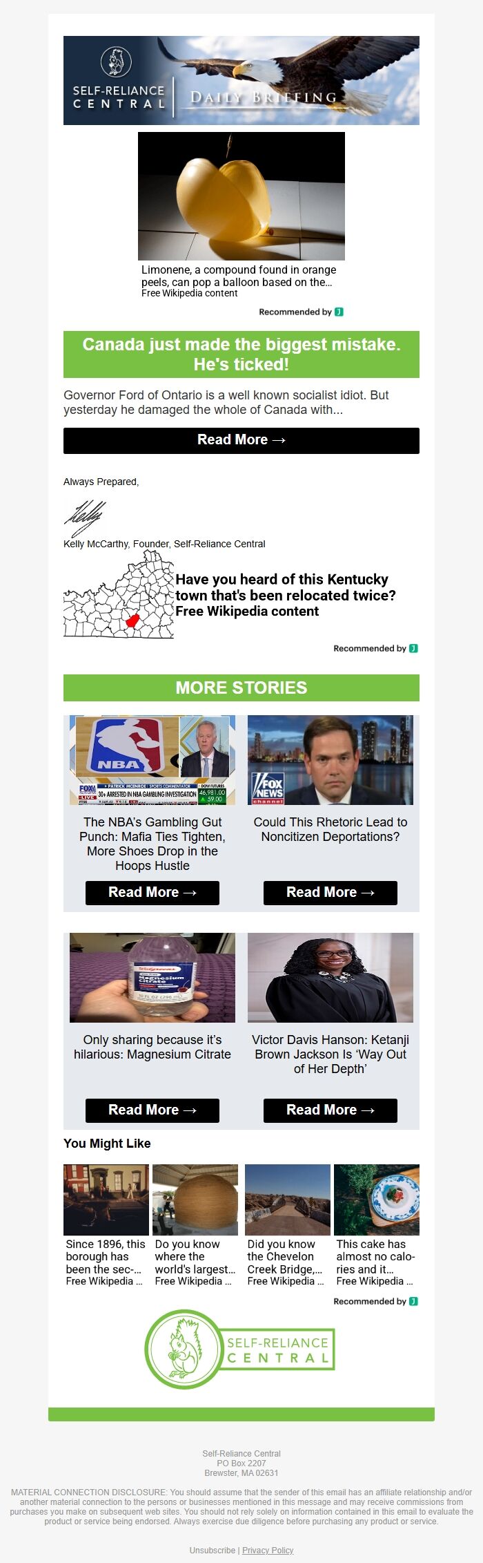 Screenshot of the email generated on import