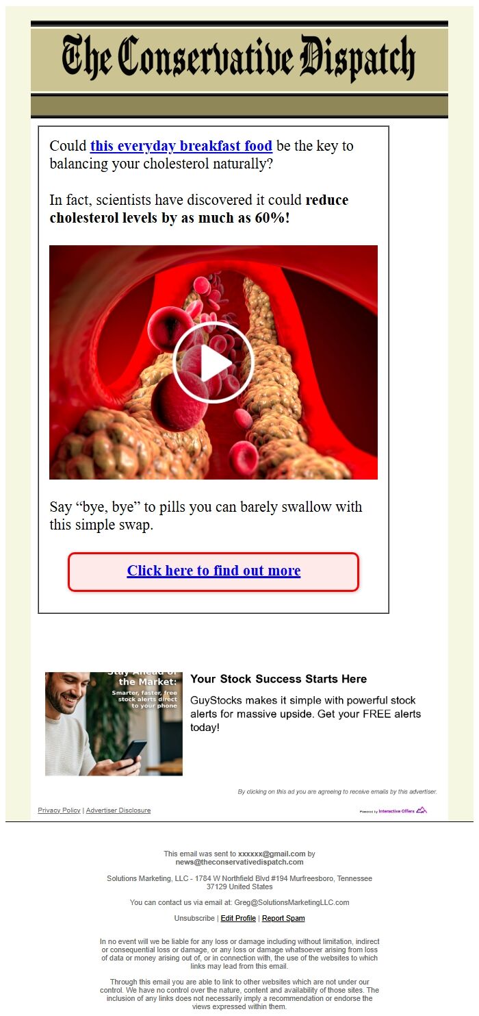 Screenshot of the email generated on import