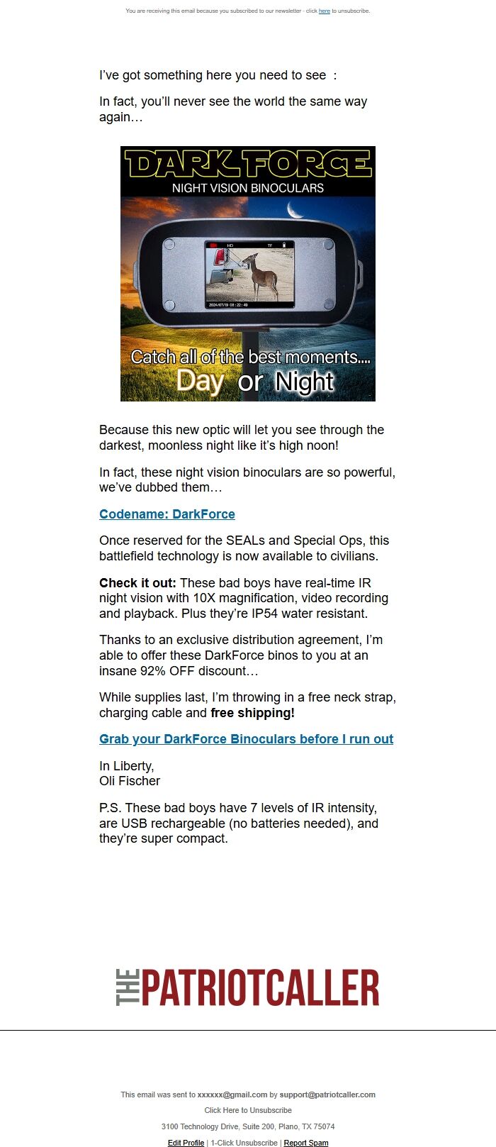 Screenshot of the email generated on import