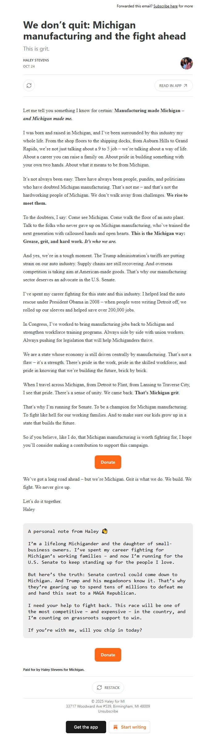 Screenshot of the email generated on import