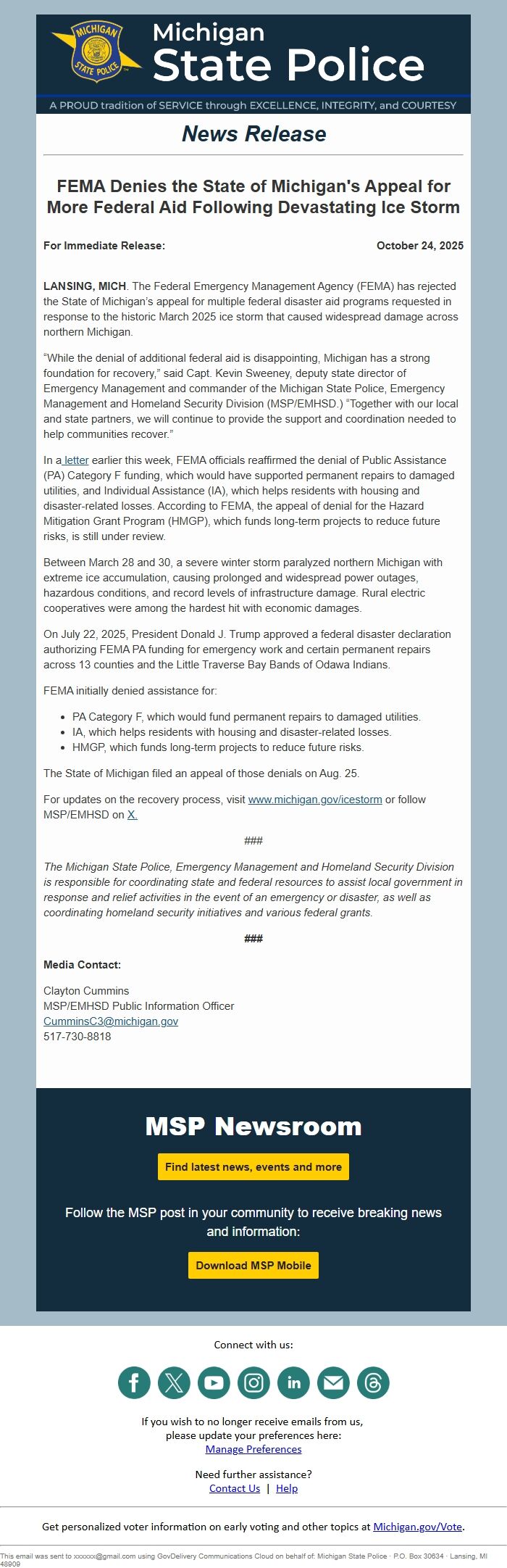 Screenshot of the email generated on import