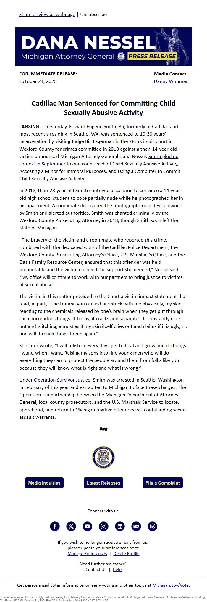 Screenshot of the email generated on import