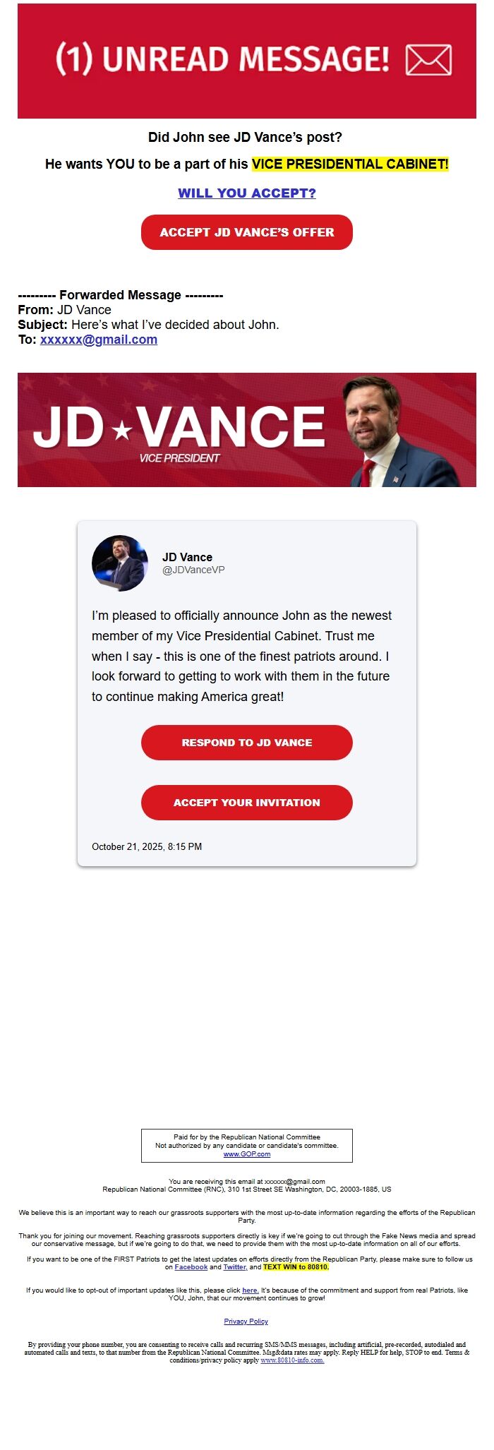 Screenshot of the email generated on import