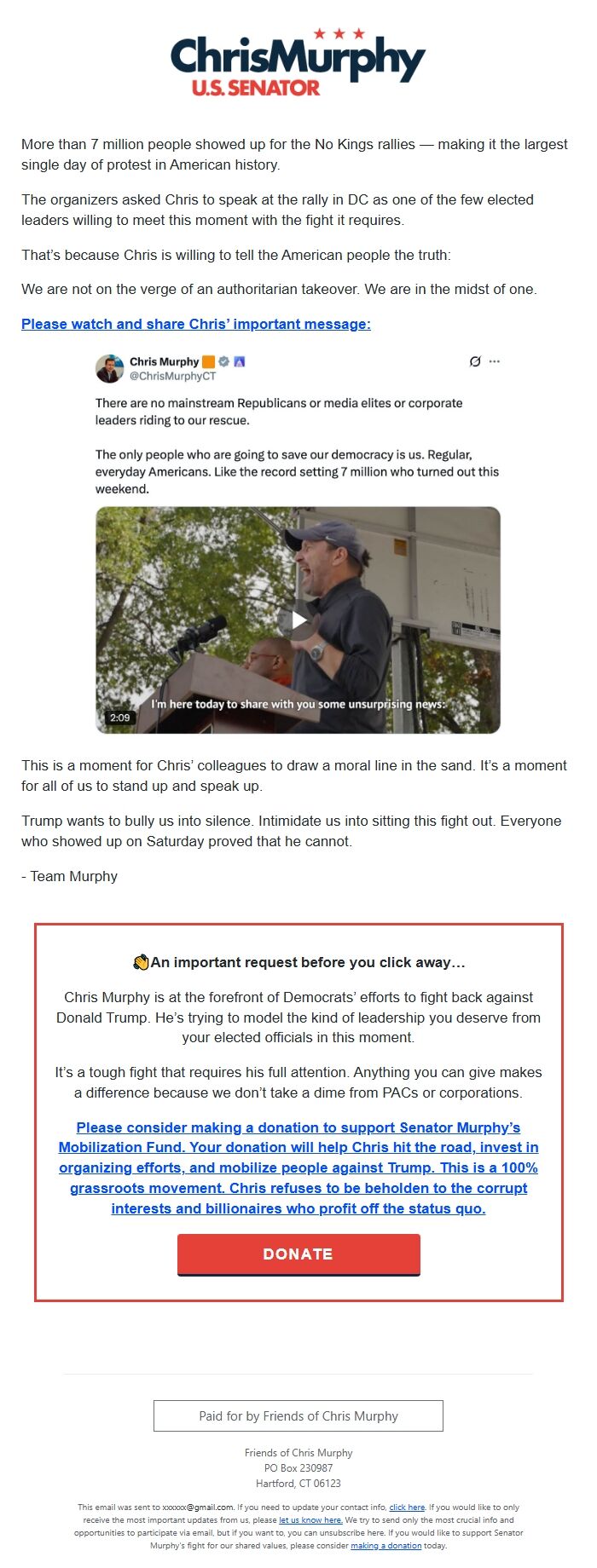 Screenshot of the email generated on import