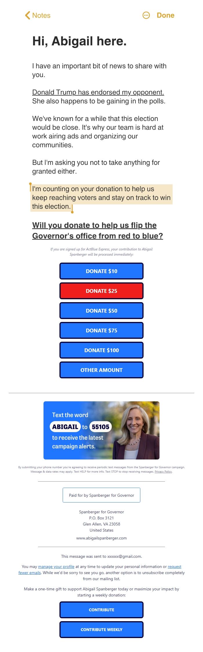Screenshot of the email generated on import