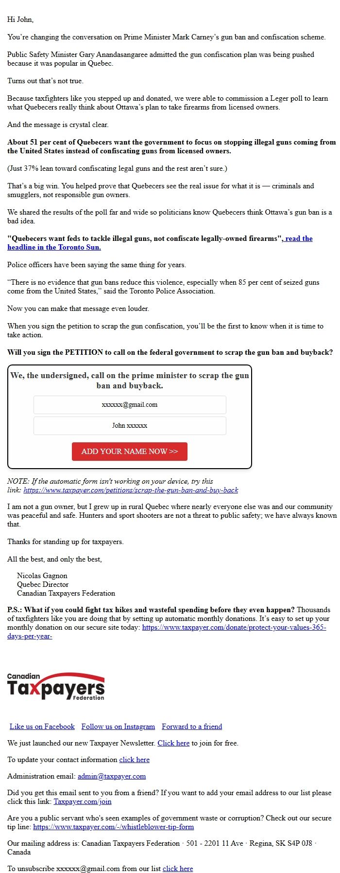 Screenshot of the email generated on import