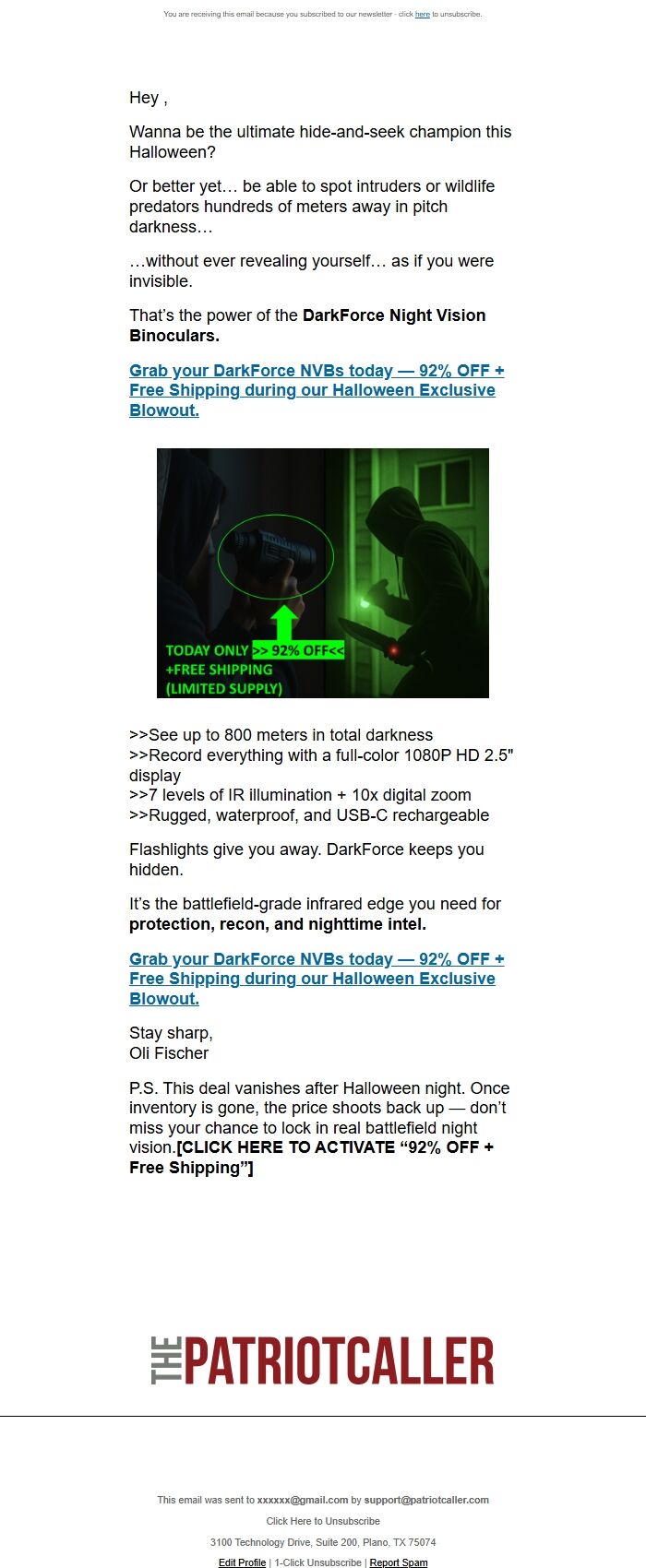 Screenshot of the email generated on import