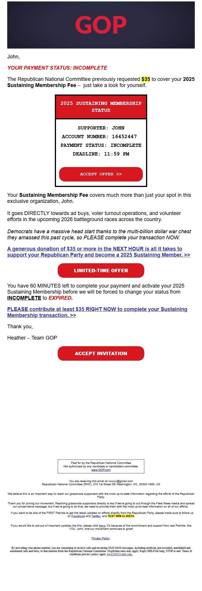 Screenshot of the email generated on import