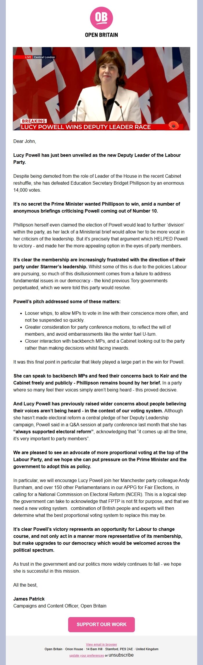 Screenshot of the email generated on import