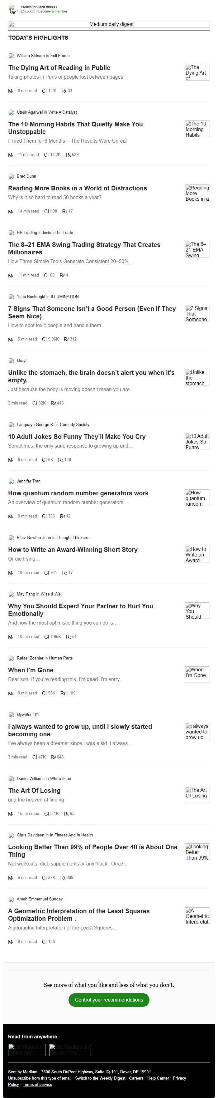 Screenshot of the email generated on import