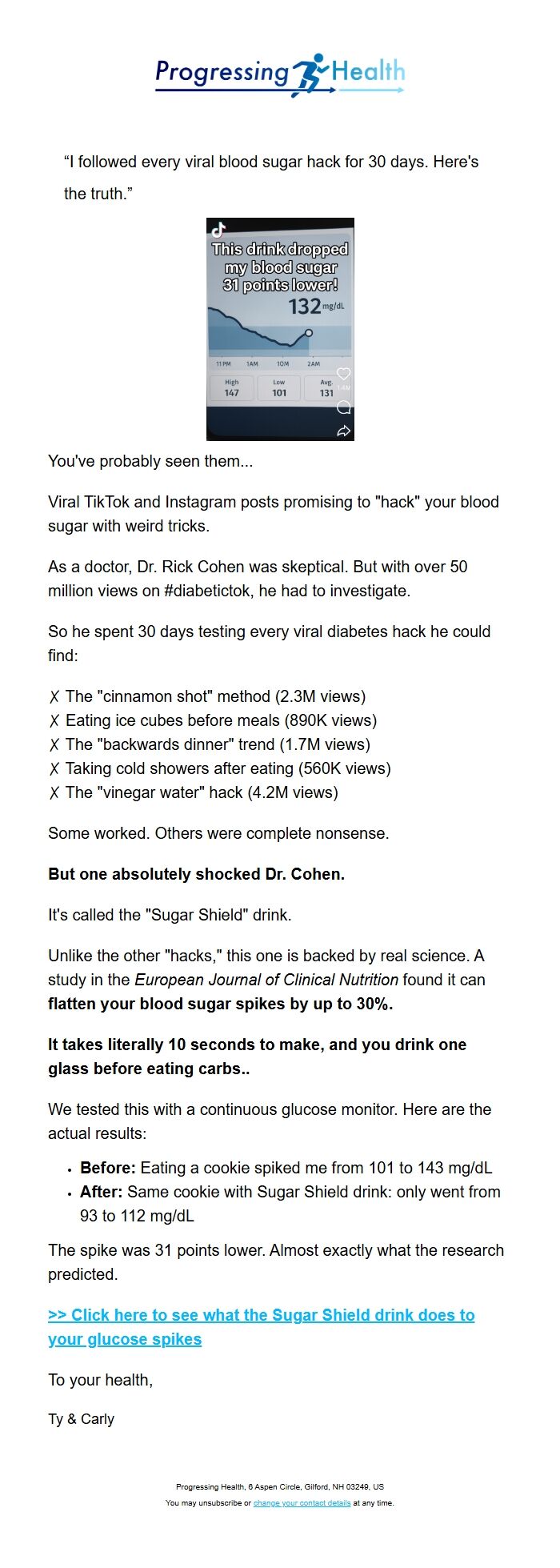 Screenshot of the email generated on import