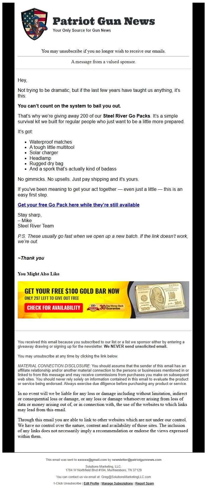 Screenshot of the email generated on import