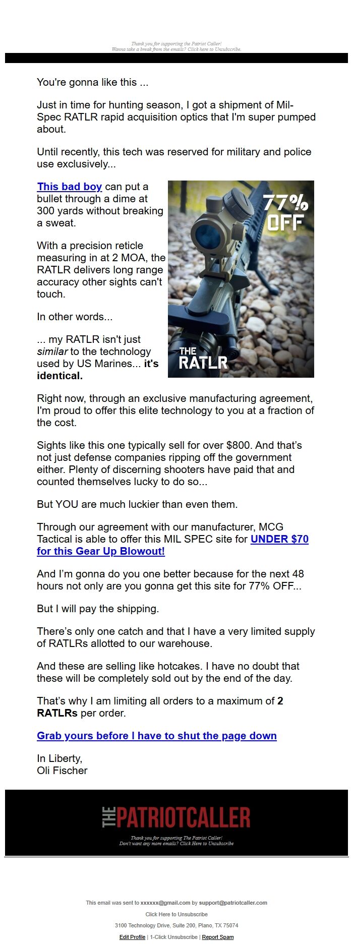 Screenshot of the email generated on import