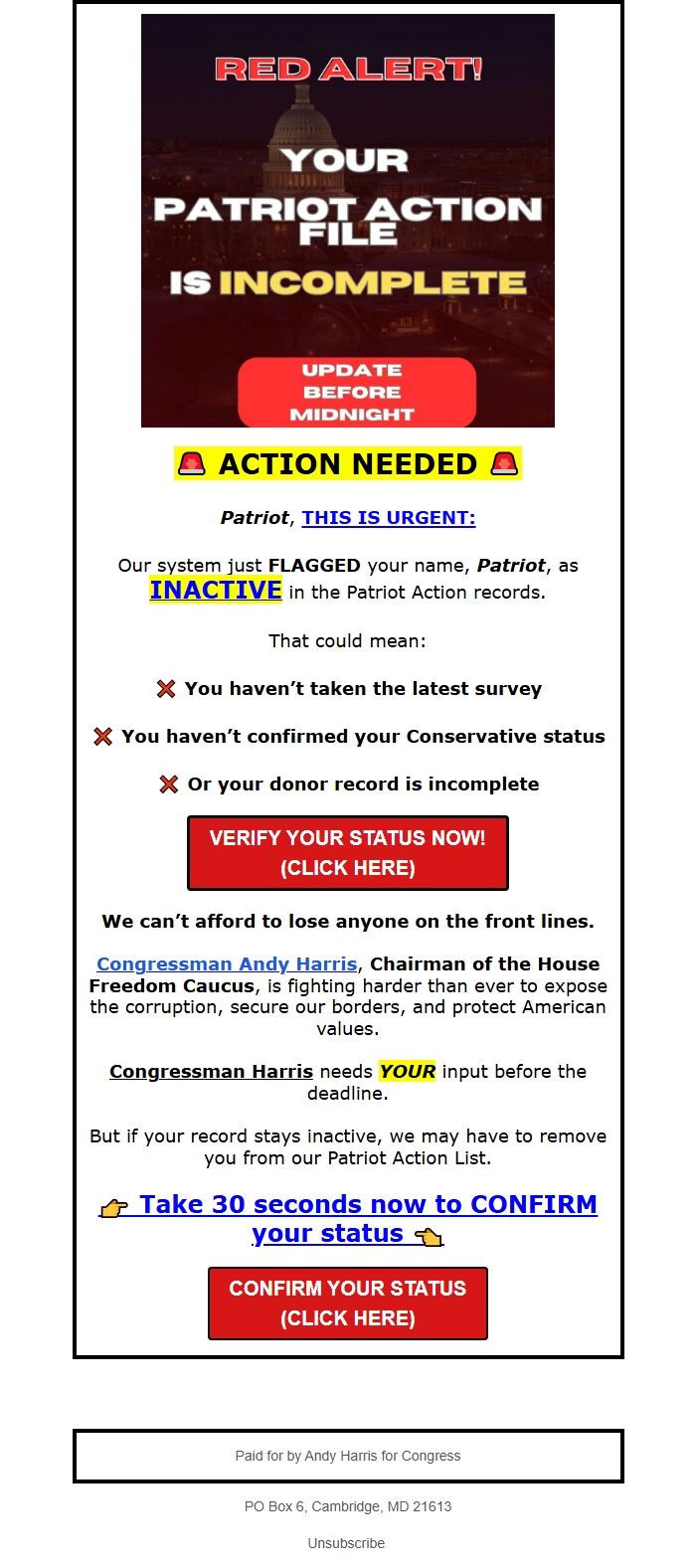 Screenshot of the email generated on import