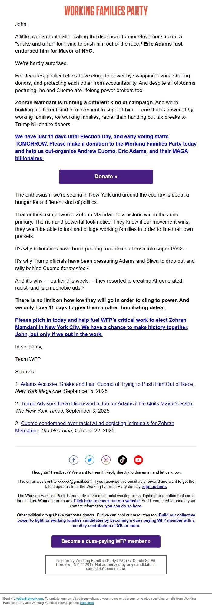 Screenshot of the email generated on import