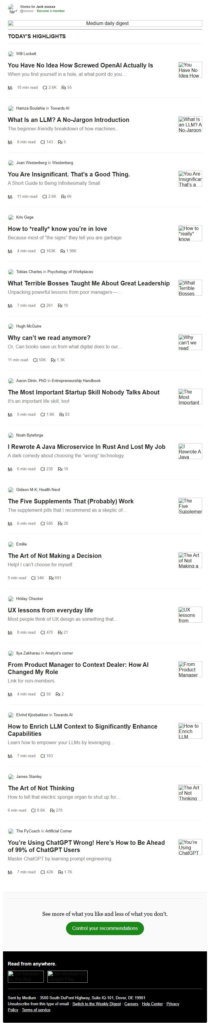 Screenshot of the email generated on import