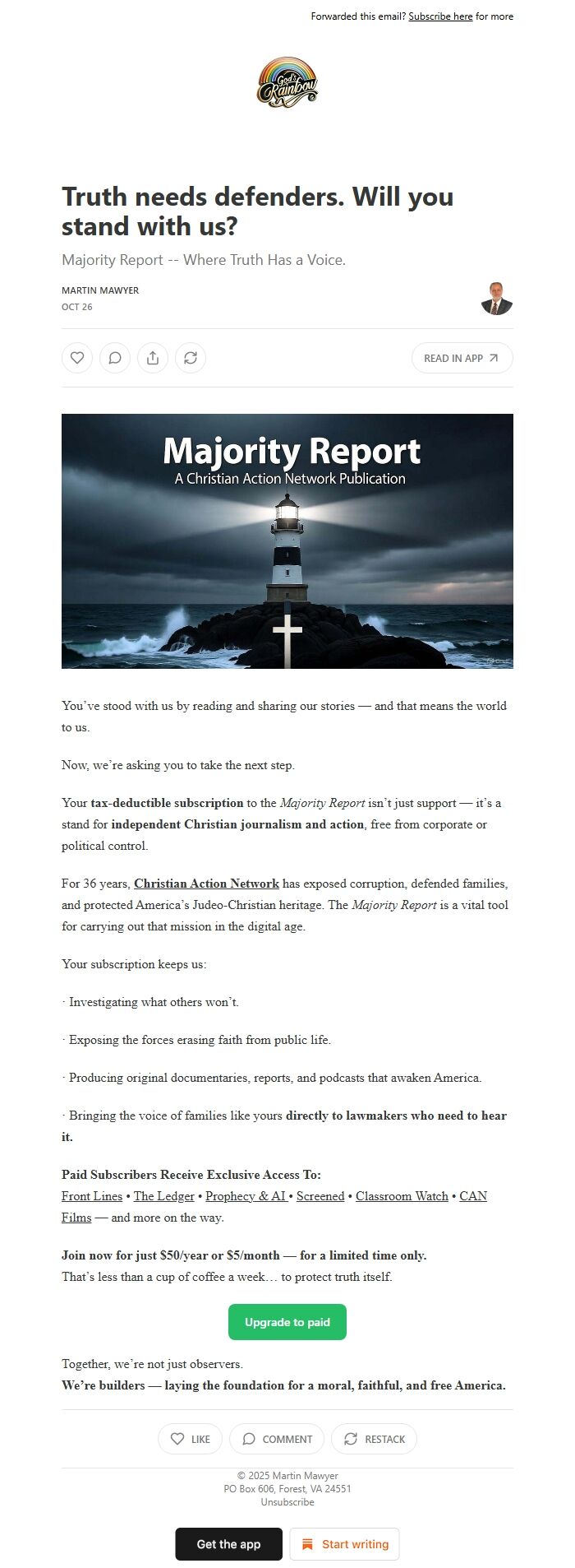 Screenshot of the email generated on import