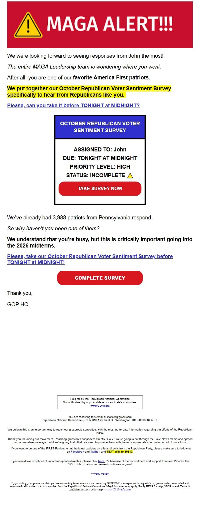 Screenshot of the email generated on import