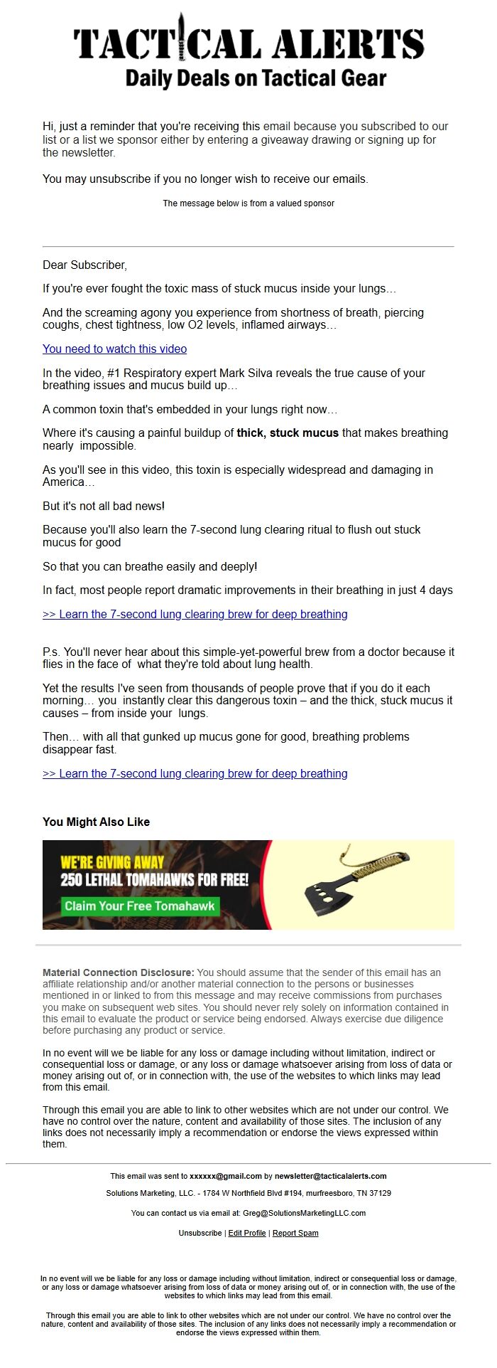 Screenshot of the email generated on import