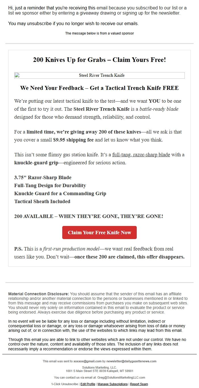 Screenshot of the email generated on import