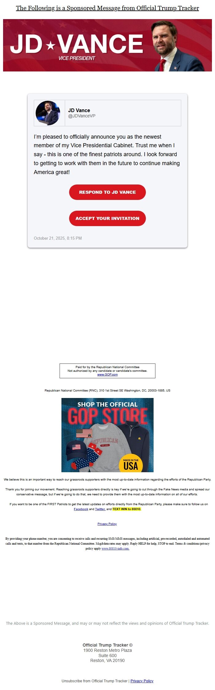 Screenshot of the email generated on import