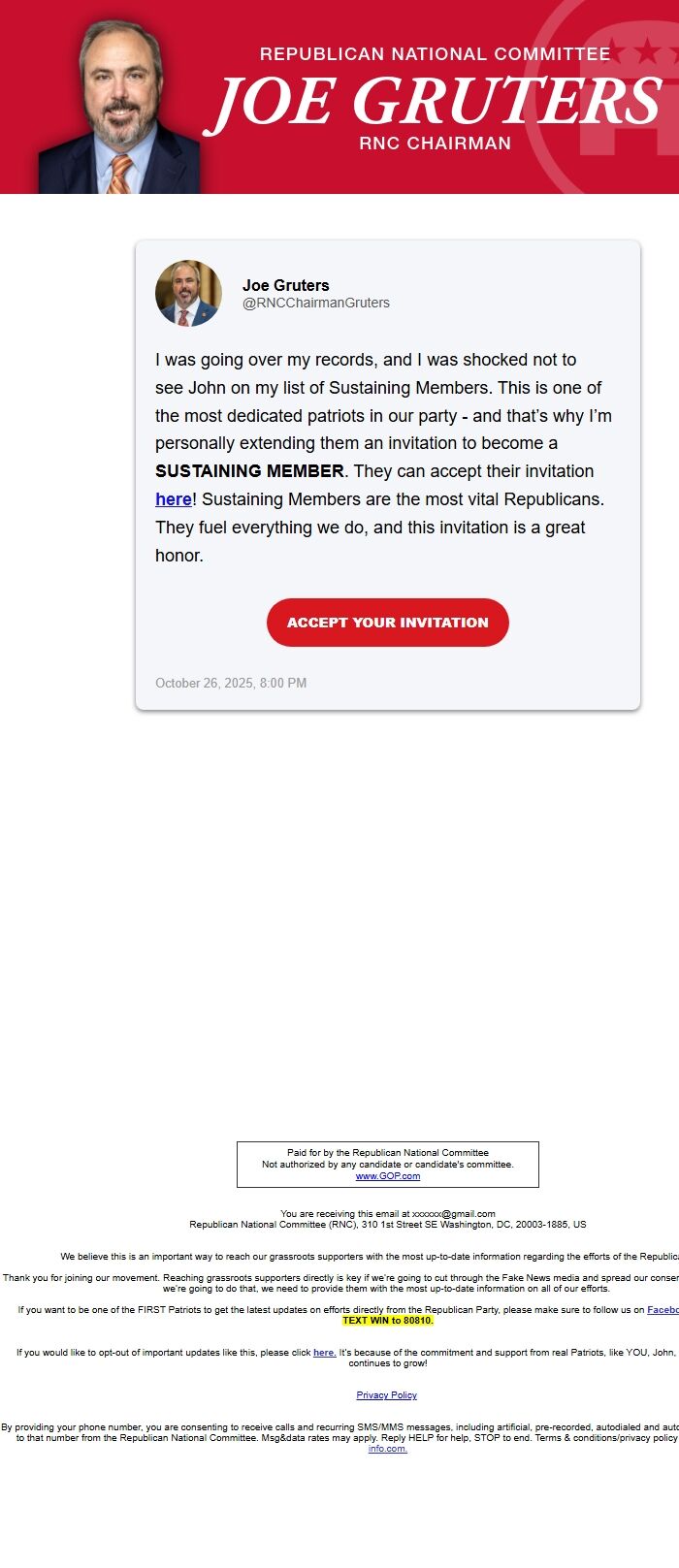 Screenshot of the email generated on import