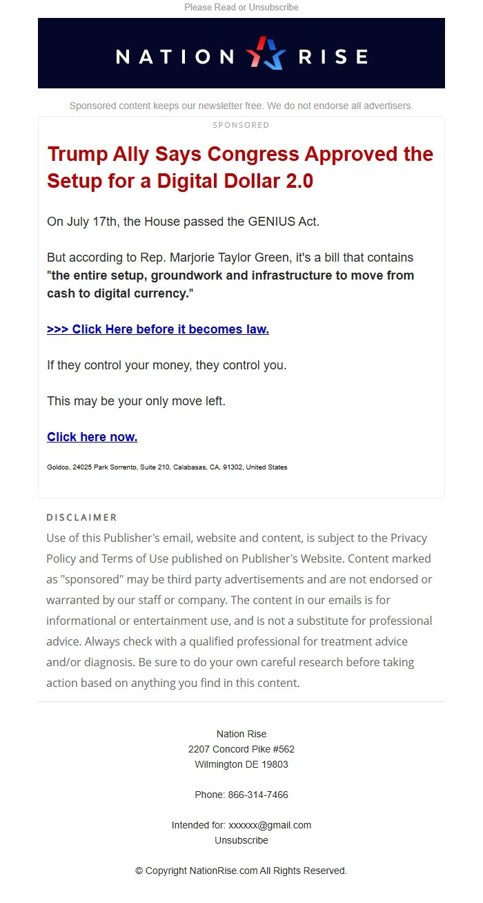 Screenshot of the email generated on import