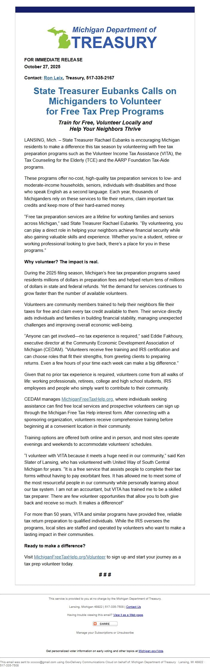 Screenshot of the email generated on import