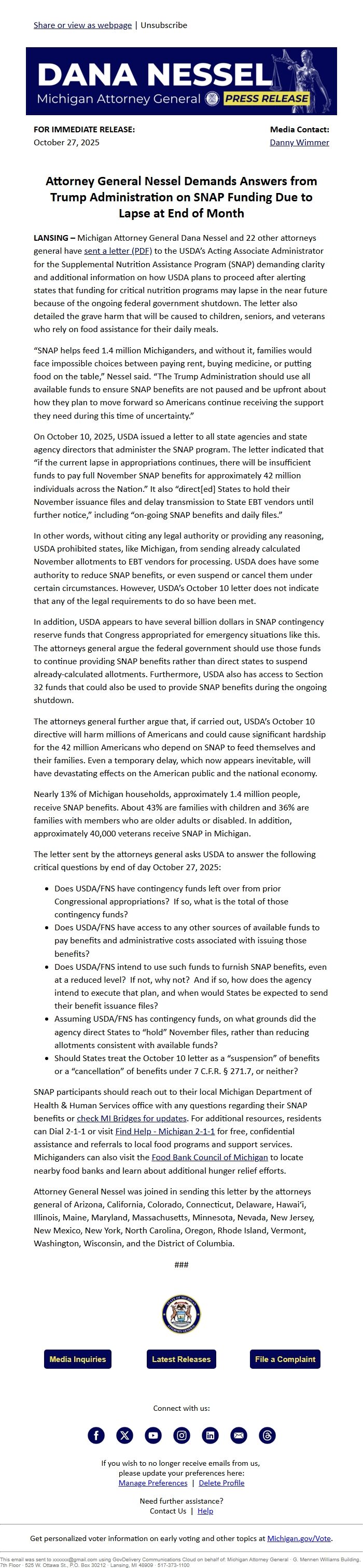 Screenshot of the email generated on import