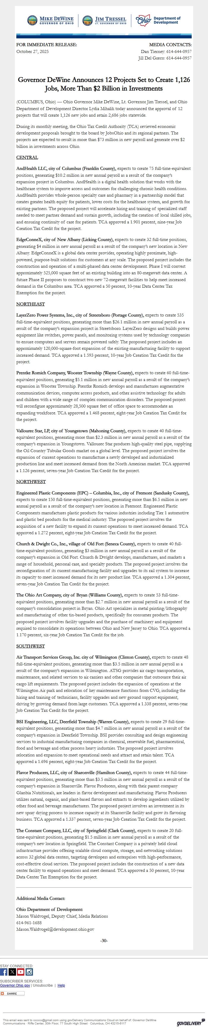 Screenshot of the email generated on import