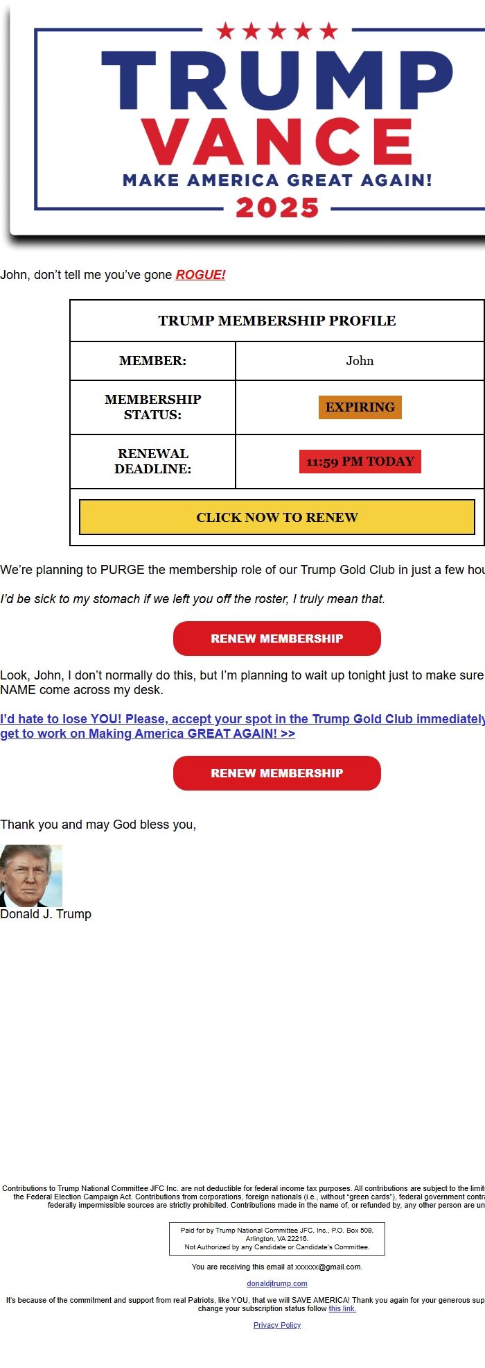 Screenshot of the email generated on import