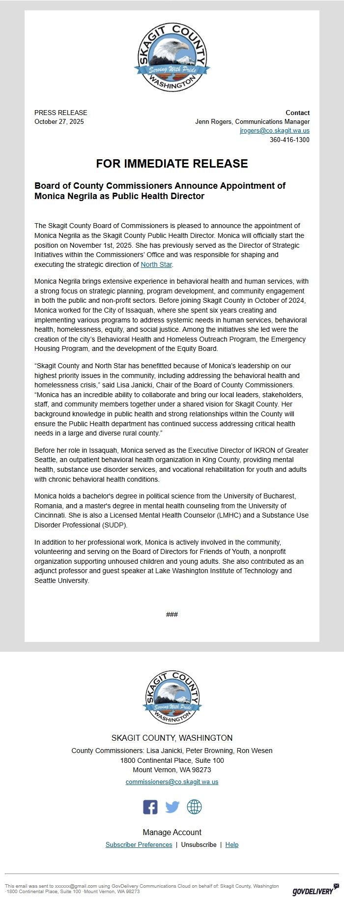 Screenshot of the email generated on import