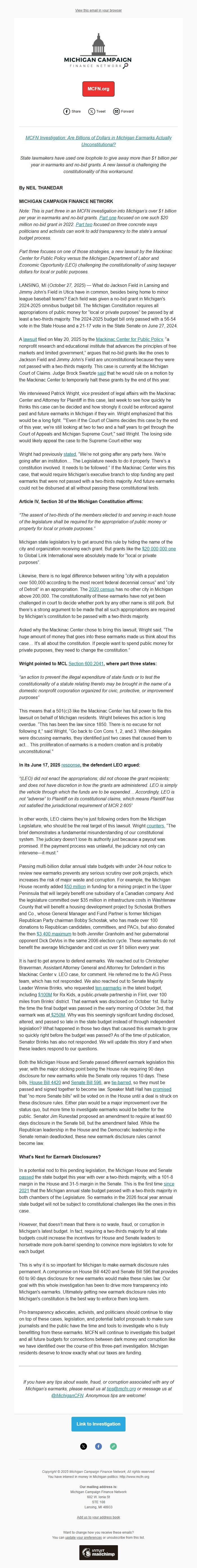 Screenshot of the email generated on import