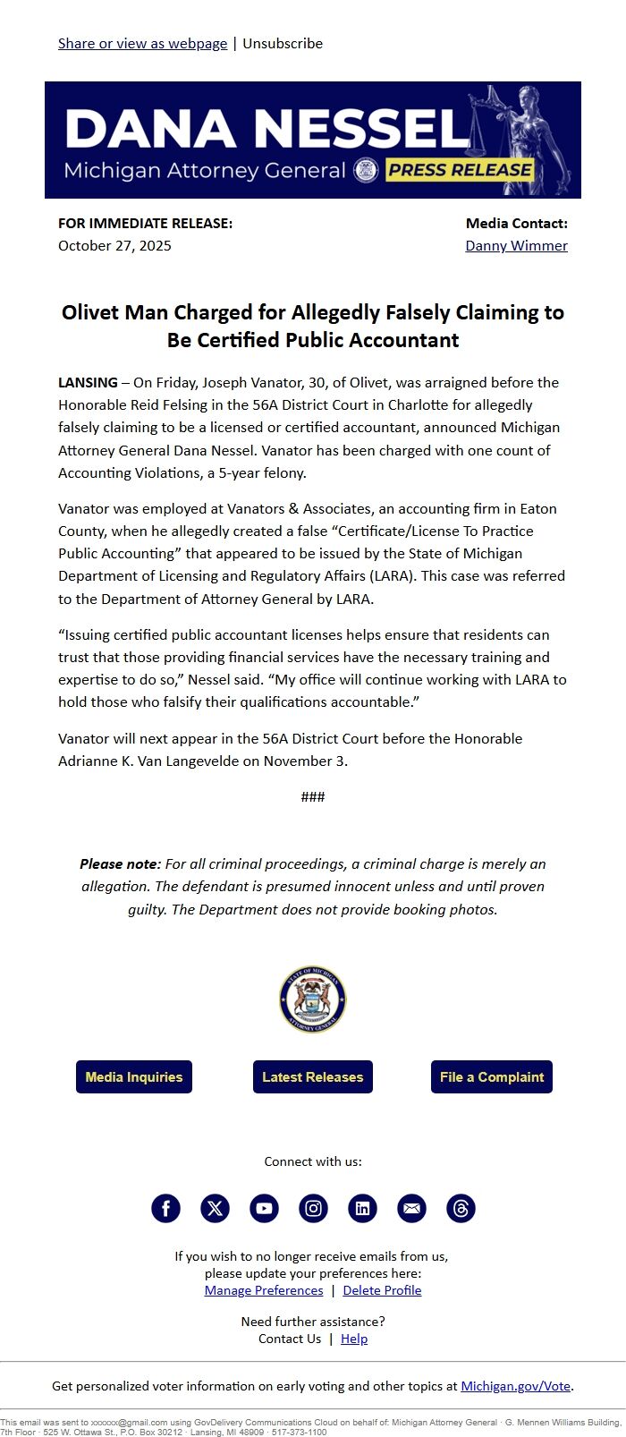 Screenshot of the email generated on import