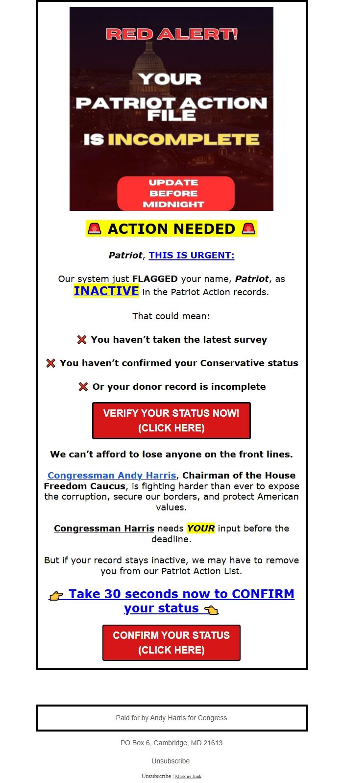 Screenshot of the email generated on import