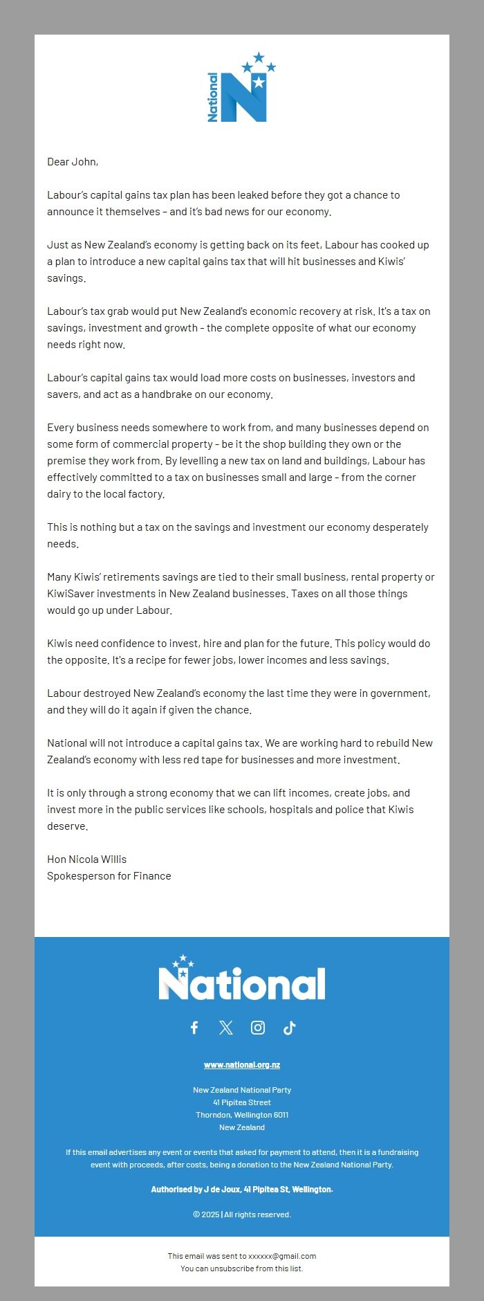 Screenshot of the email generated on import