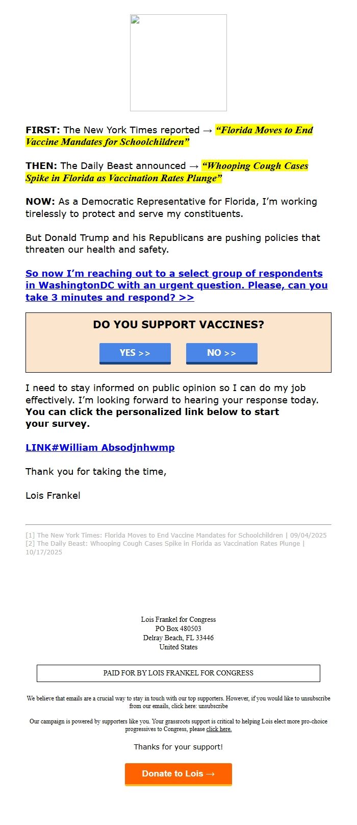 Screenshot of the email generated on import