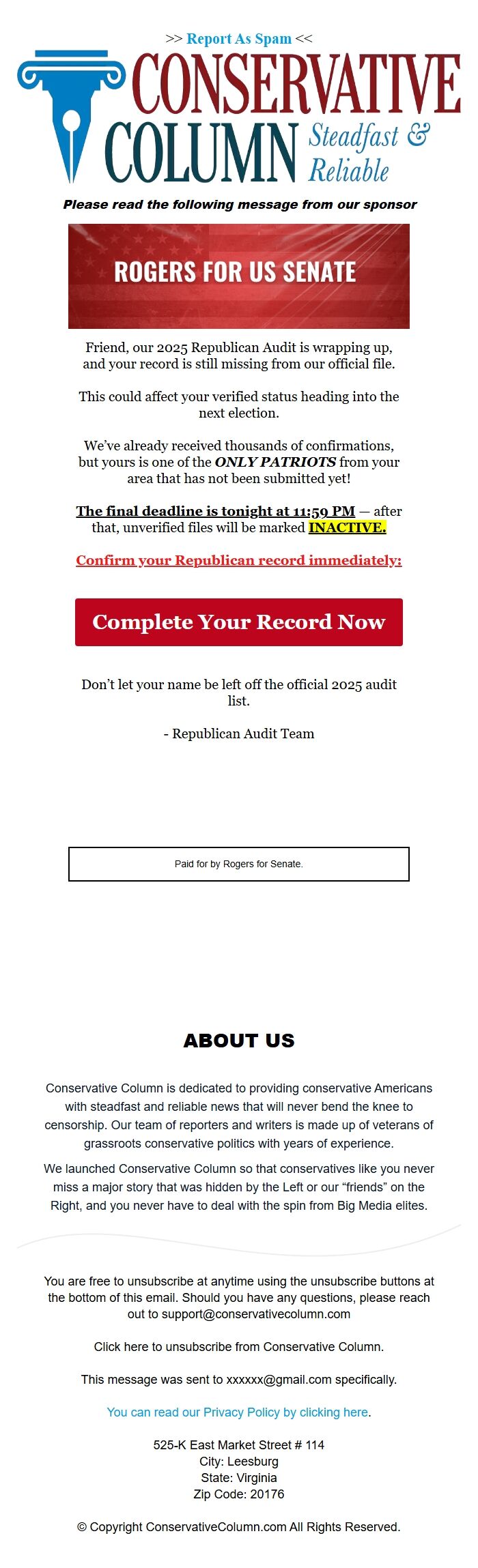 Screenshot of the email generated on import