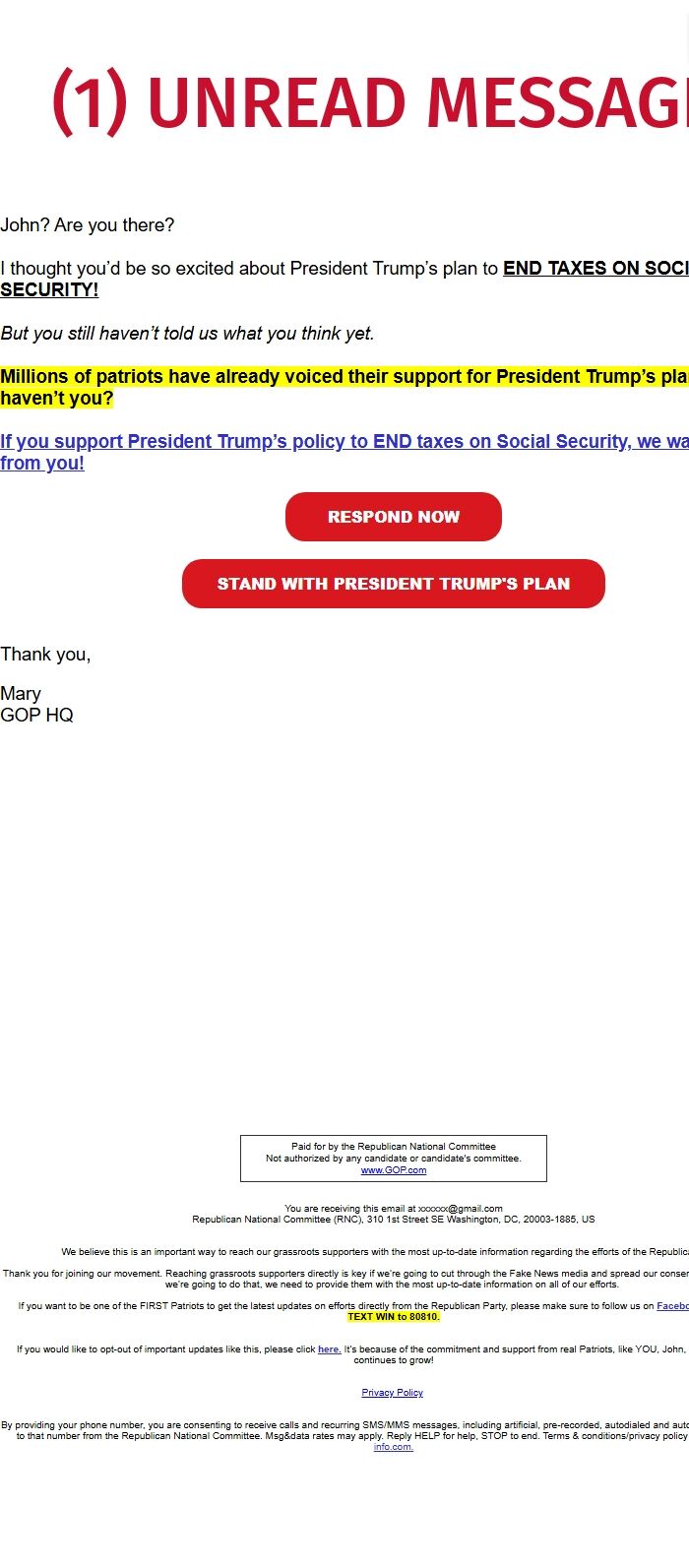 Screenshot of the email generated on import