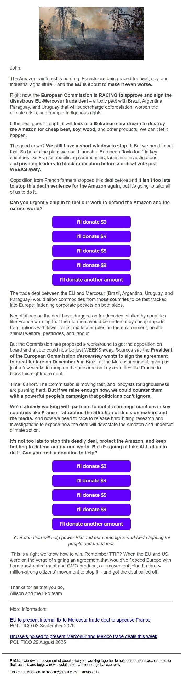 Screenshot of the email generated on import