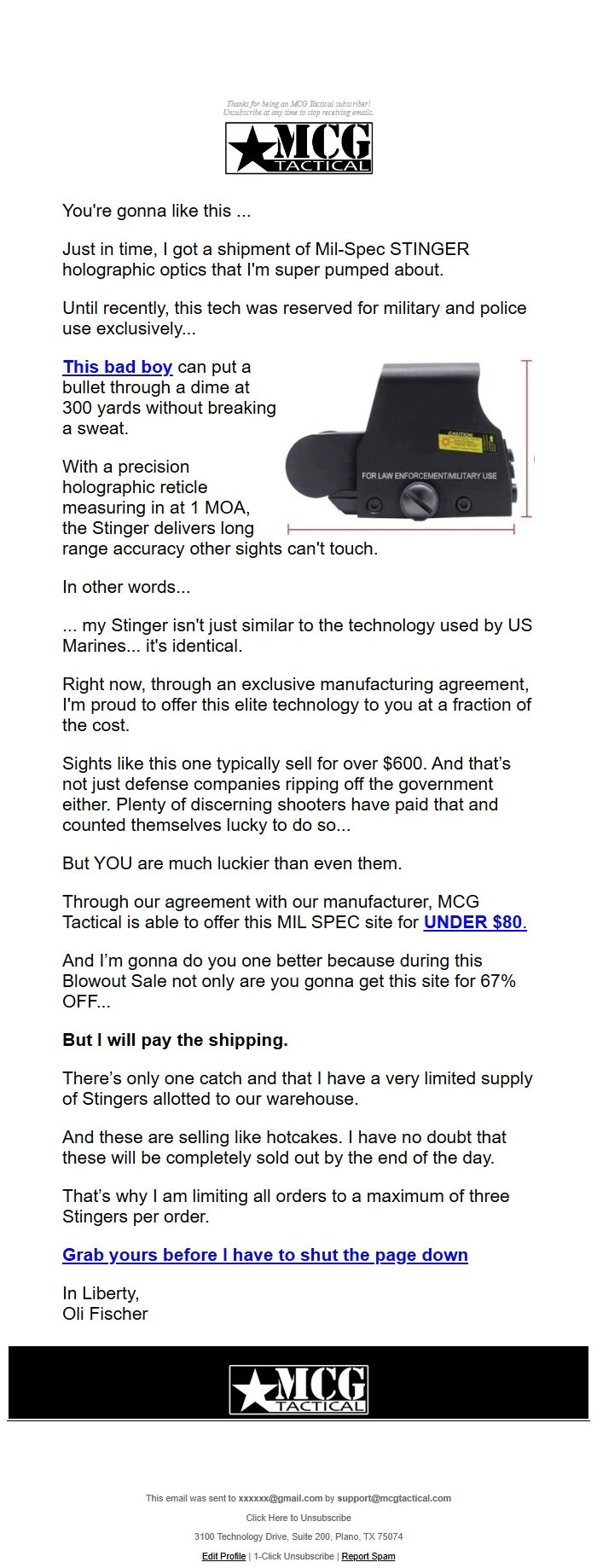 Screenshot of the email generated on import