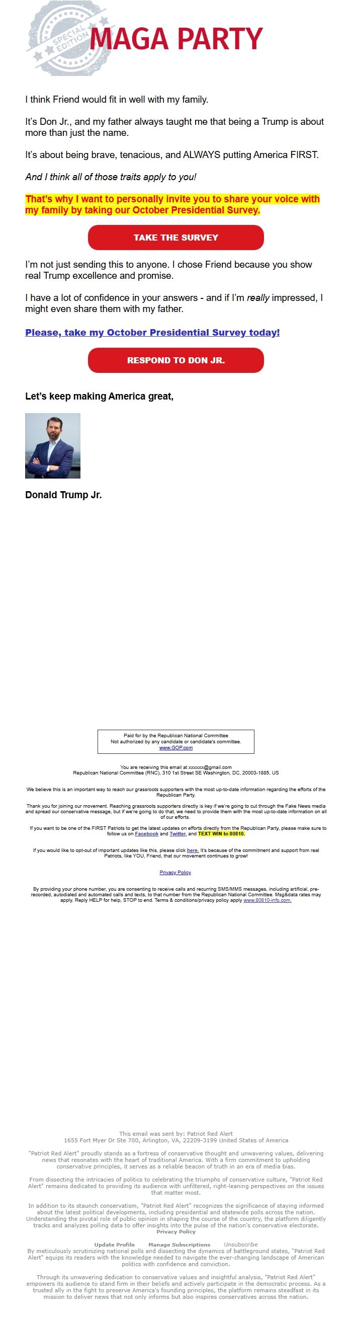 Screenshot of the email generated on import