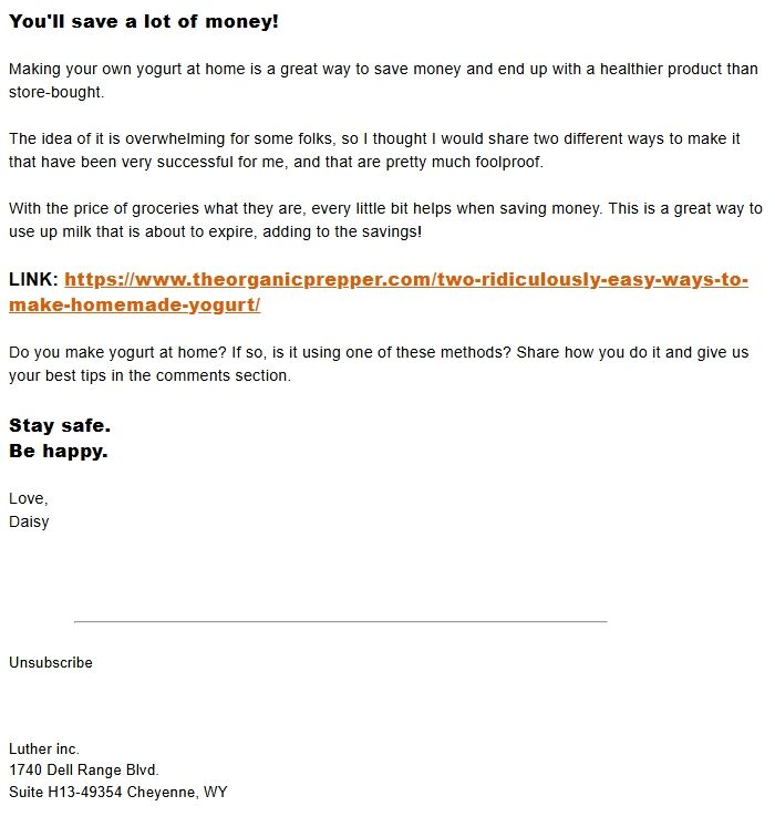 Screenshot of the email generated on import