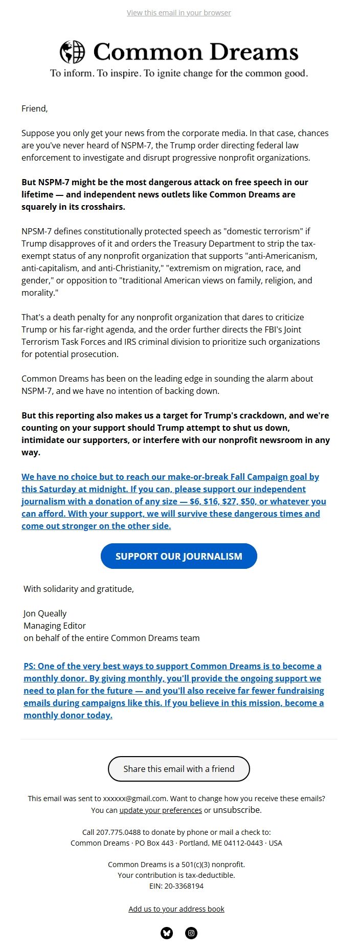 Screenshot of the email generated on import