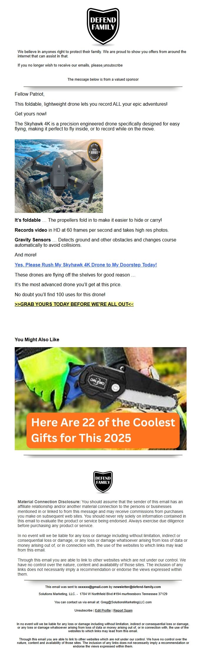 Screenshot of the email generated on import